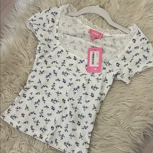 Edikted White and Blue Floral Lace Top